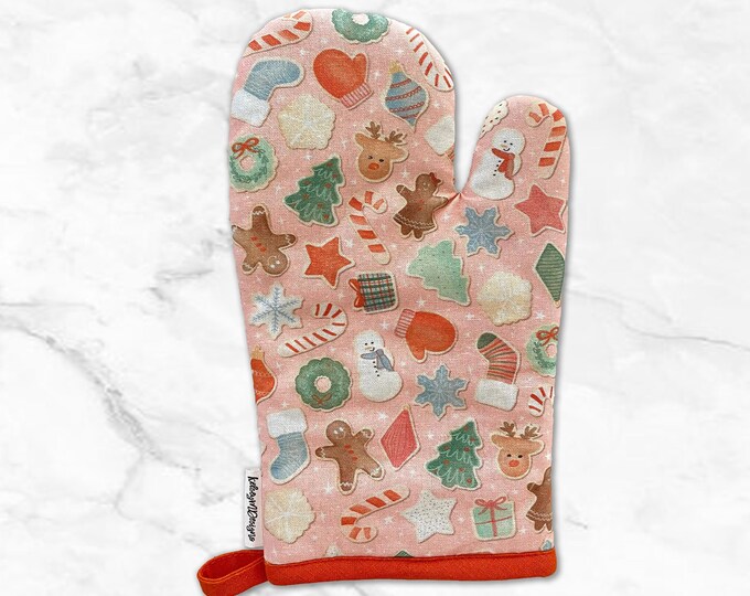 Christmas Cookies Oven Mitt, Holiday Kitchen Decor, Christmas Oven Mittens, Baking Lover Gift, Pink Cookie Decor, Cooking Lover Gift