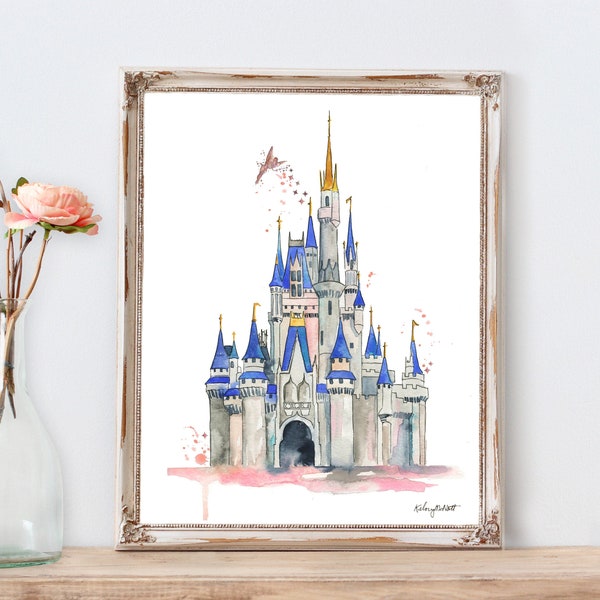 Fairy Tale Castle Art Print, Magical Kingdom Wall Art, Watercolor Princess Castle Decor, Kids Room or Nursery Art