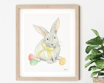 Spring Bunny Art Print, Easter Farmhouse, Easter Bunny Decor, Spring Home Decor, Watercolor Painting, Easter Wall Art, Easter Gift