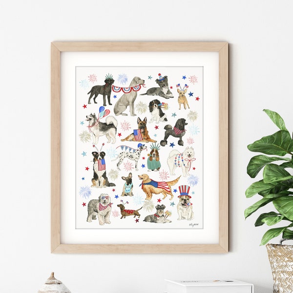 Patriotic Dogs Wall Art, 4th of July Wall Art, USA Art Print, Fourth of July Decor, Red White Blue, Dog Lover Gift, Dog Chart Poster