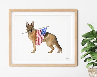 German Shepherd 4th of July Wall Art, USA Art Print, Fourth of July Decor, Red White Blue, American Wall Art, USA Flag, Watercolor Painting