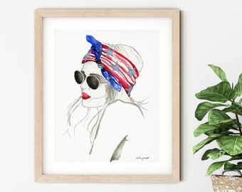 4th of July American Girl Wall Art, Red White and Blue Bandana, Fourth of July Decor, Stars and Stripes Art, USA Flag, Summer Boho Fashion