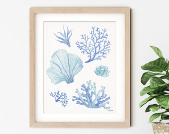 Coral Wall Art, Coastal Art, Watercolor Painting, Blue Coral Parinting, Beach House Decor, Watercolor Shell Art, Nautical Wall Decor