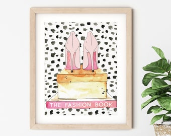 Pink and Dalmatian Print Fashion Wall Art, Pink High Heels, Fashion Illustration, Watercolor Painting, Shoe Poster, Shoe Box Art Print