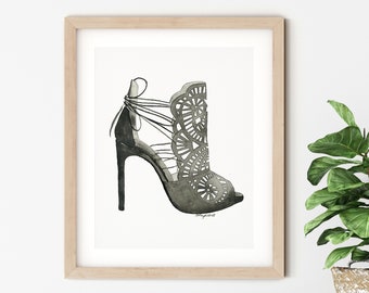 Black Shoe Fashion Wall Art, Lace High Heels, Fashion Illustration, Watercolor Painting, Shoe Poster, Teen Girl Room Decor, Fashion Decor