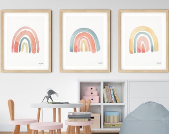 Set of 3 Rainbow Prints, Rainbow Wall Art, Kids Room Wall Art, Boho Rainbow Nursery Print, Nursery Wall Art, Abstract Watercolor Painting