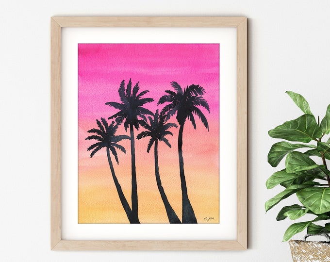 Hawaii Palm Trees Wall Art, Watercolor painting, Sunset Art Print, Nature Print, Landscape Art, Coastal Home Decor, Pink Palm Tree Art