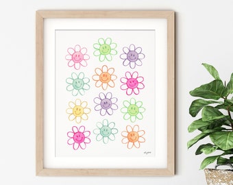 Flower Smiley Face Wall Art, Kid Room Wall Art, Retro Smiley Daisies, Playroom Decor, Pastel Flower Art, Rainbow Decor