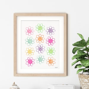 Flower Smiley Face Wall Art, Kid Room Wall Art, Retro Smiley Daisies, Playroom Decor, Pastel Flower Art, Rainbow Decor