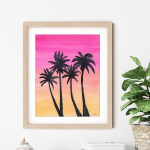 Hawaii Palm Trees Wall Art, Watercolor painting, Sunset Art Print, Nature Print, Landscape Art, Coastal Home Decor, Pink Palm Tree Art
