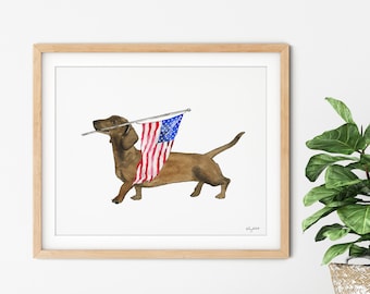 Dachshund Dog 4th of July Wall Art, Fourth of July Decor, Red White Blue, American Wall Art, USA Flag, Watercolor Painting