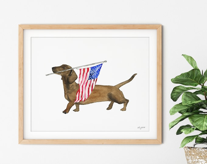 Dachshund Dog 4th of July Wall Art, Fourth of July Decor, Red White Blue, American Wall Art, USA Flag, Watercolor Painting