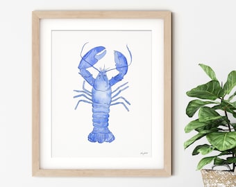 Blue Lobster Wall Art, Colorful Beach Surf Art, Watercolor Painting, Coastal Art Print, Beach Home Decor, Nautical Art