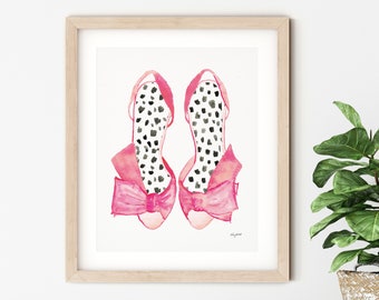Pink and Dalmatian Print Wall Art, Pink High Heels, Fashion Illustration, Watercolor Painting, Shoe Poster, Pink Wall Decor High Heels Print