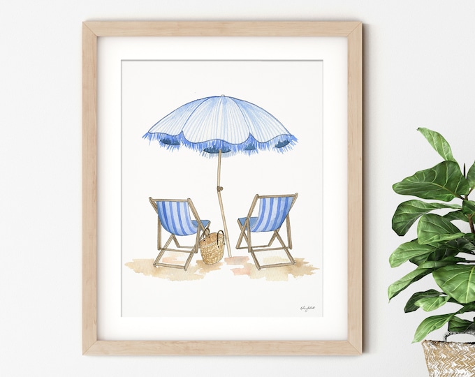 Beach Chairs Wall Art, Blue Beach Art, Watercolor Painting, Coastal Art Print, Beach Decor, Blue Striped Beach Umbrella