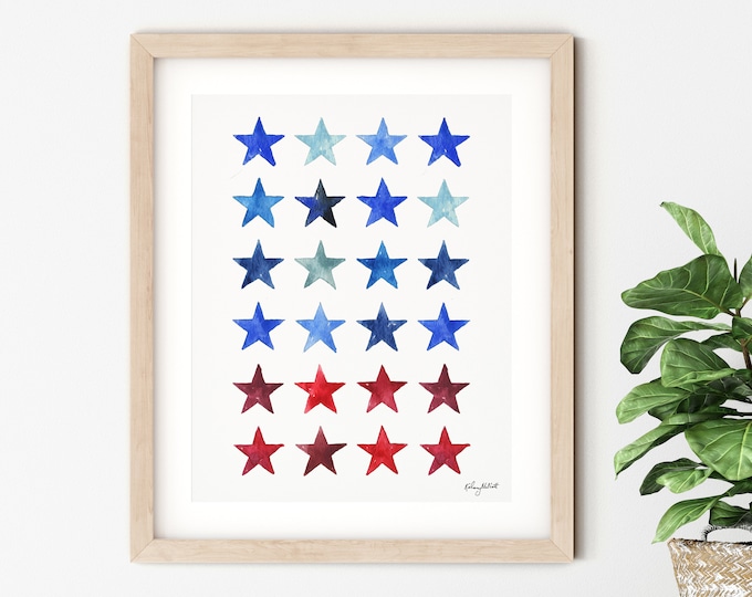 Stars 4th of July Wall Art, Fourth of July Decor, Red White Blue, Stars and Stripes Art, Independence Day, Watercolor Painting Patriotic Art