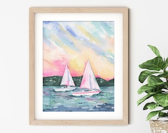 Sunset Sailboats Wall Art, Colorful Beach Art, Watercolor Landscape Painting, Coastal Art Print, Beach Decor, Watercolor Boat Art