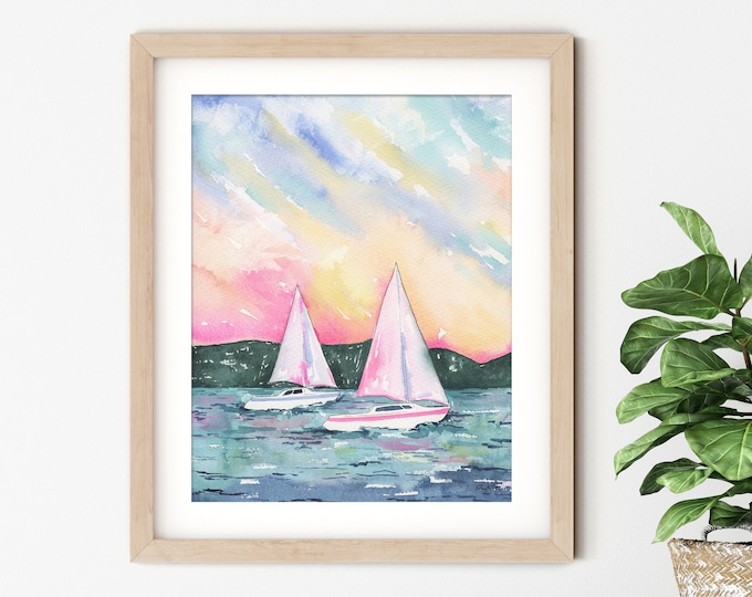 Sunset Sailboats Wall Art, Colorful Beach Art, Watercolor Lanscape Painting, Coastal Art Print, Beach Decor, Watercolor Boat Art