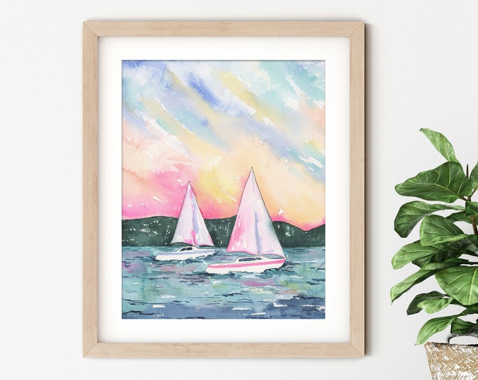 Sunset Sailboats Wall Art, Colorful Beach Art, Watercolor Landscape Painting, Coastal Art Print, Beach Decor, Watercolor Boat Art