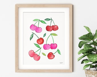 Cherries Wall Art, Pink Cherry Watercolor Bow Art, Fruit Kitchen Wall Art, Girls Room Decor, Trendy Wall Art, Toddler Girl Art Print