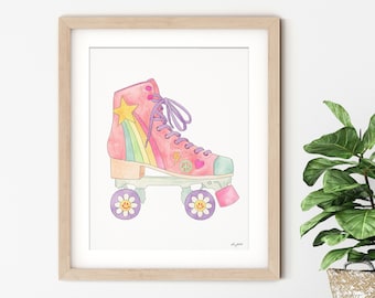 Rainbow Roller Skate Wall Art, Kid Room Wall Art, Retro Roller Skates, Playroom Decor, Pastel Vintage Skates, Rainbow Decor