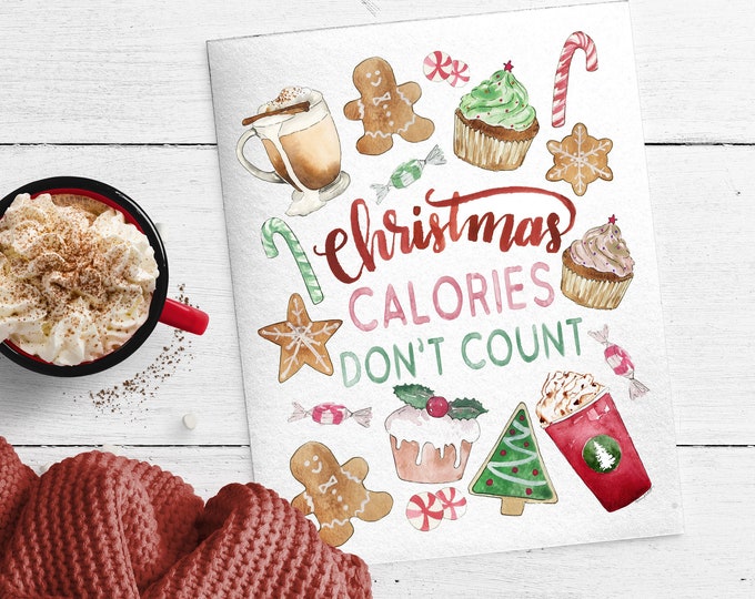 Christmas Calories Dont Count, Kitchen Wall Art, Kitchen Holiday Decor, Christmas Art Print, Watercolor Painting, Christmas Cookies, Baking
