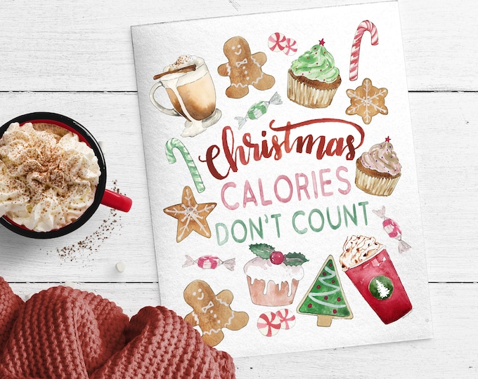 Christmas Calories Dont Count, Kitchen Wall Art, Kitchen Holiday Decor, Christmas Art Print, Watercolor Painting, Christmas Cookies, Baking