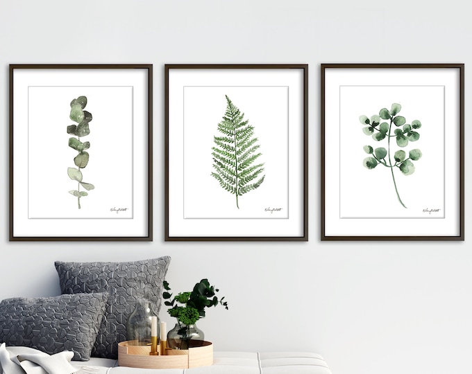 Botanical Gallery Collection prints Set of 3, Green Herb Watercolor Painting, Fern Eucalyptus Stem Plants, Herbal Home Garden Wall Decor