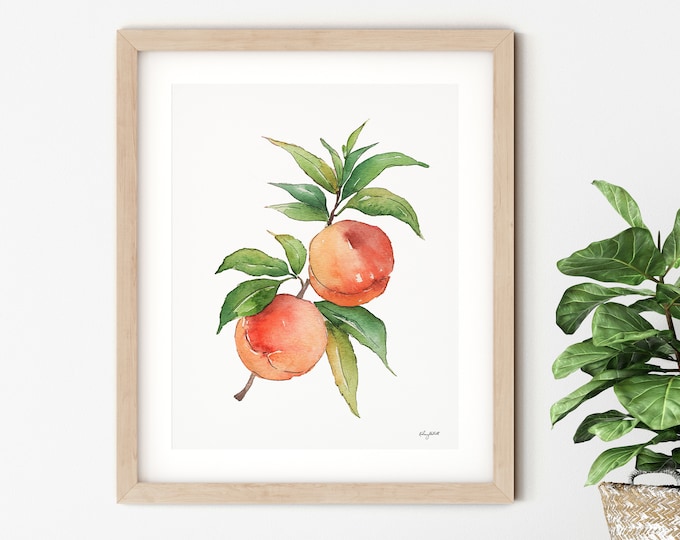 Peaches Art Print, Watercolor Fruit Painting, Kitchen Wall art, Peach Wall Art, Kitchen Decor, Farmhouse Kitchen Art, Peach Home Decor