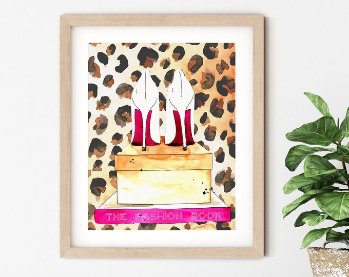 Pink and Leopard Print Fashion Wall Art, Leopard High Heels, Fashion Illustration, Watercolor Painting, Shoe Poster, Teen Girl Room Decor