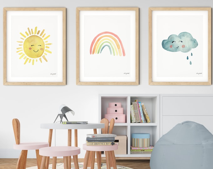 Set of 3 Sun Rainbow Cloud Prints, Rainbow Print, Girls Rainbow Wall Art, Kids Room Wall Decor, Nursery Watercolor, Boho Rainbow Art Set