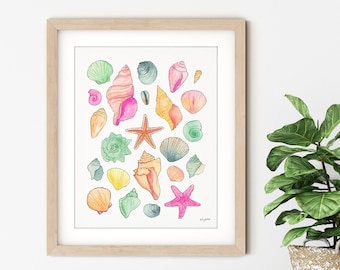 Seashells Wall Art, Colorful Beach Surf Art, Watercolor Painting, Coastal Art Print, Beach Decor, Watercolor Shell Art, Colorful Seashell