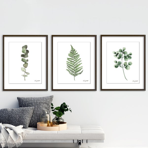 Botanical Gallery Collection prints Set of 3, Green Herb Watercolor Painting, Fern Eucalyptus Stem Plants, Herbal Home Garden Wall Decor
