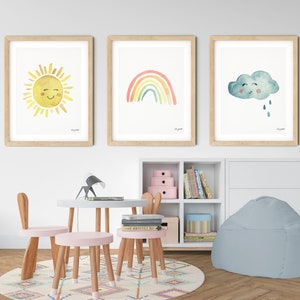 Set of 3 Sun Rainbow Cloud Prints, Rainbow Print, Girls Rainbow Wall Art, Kids Room Wall Decor, Nursery Watercolor, Boho Rainbow Art Set