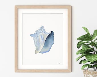 Blue Conch Shell Wall Art, Colorful Beach Surf Art, Watercolor Painting, Coastal Art Print, Beach Decor, Watercolor Shell Art, Blue Seashell