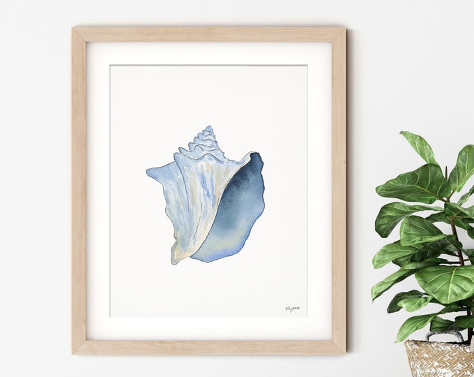 Blue Conch Shell Wall Art, Colorful Beach Surf Art, Watercolor Painting, Coastal Art Print, Beach Decor, Watercolor Shell Art, Blue Seashell