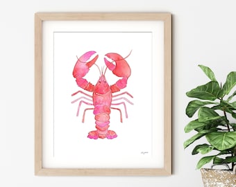 Lobster Wall Art, Colorful Beach Surf Art, Watercolor Painting, Coastal Art Print, Beach Home Decor, Red Nautical Art