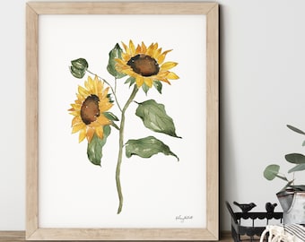 Sunflower Wall Art, Watercolor Painting, Fall Flower Art Print, Fall Wall Art, Autumn Decor, Sunflower Decor, Fall Floral Leaves Art