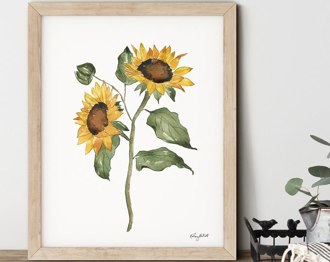 Sunflower Wall Art, Watercolor Painting, Fall Flower Art Print, Fall Wall Art, Autumn Decor, Sunflower Decor, Fall Floral Leaves Art