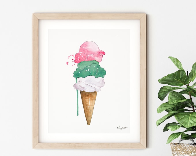 Ice Cream Cone Print, Watercolor Painting, Kids Room Decor, Kitchen Art Print, Dessert Print, Toddler Girl Room Art, Nursery Print