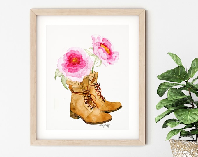 Fashion Boot Wall Art, Fashion Art Print, Fashion Illustration, Peony Flower Art, Botanical Illustration, Watercolor Painting, Shoe Art