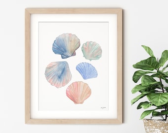 Seashells Wall Art, Colorful Beach Surf Art, Watercolor Painting, Coastal Art Print, Beach Decor, Watercolor Shell Art, Blue Seashell