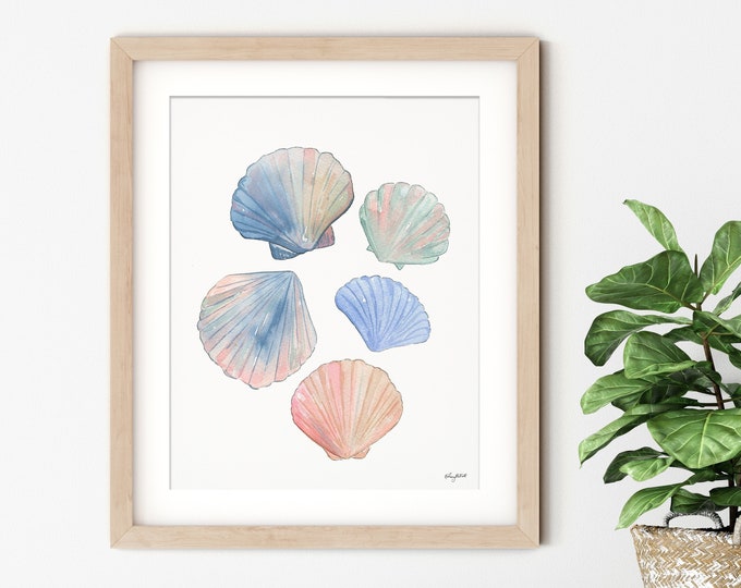 Seashells Wall Art, Colorful Beach Surf Art, Watercolor Painting, Coastal Art Print, Beach Decor, Watercolor Shell Art, Blue Seashell