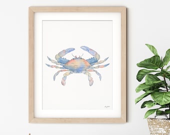 Crab Wall Art, Coastal Beach Art, Watercolor Painting, Nautical Art, Beach Decor, Watercolor Blue Crab, New England Decor