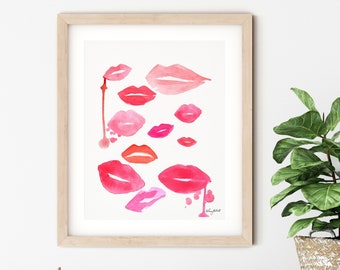 Watercolor Lips Wall Art, Lipstick Art Print, Pink Kiss Print, Teen Girl Room Decor, Girl Room Wall Art, Beauty Art Print, Beauty Home Decor