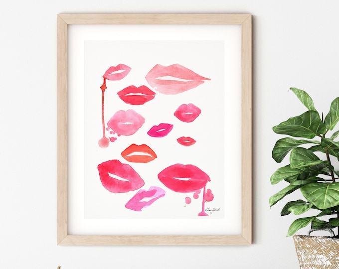 Watercolor Lips Wall Art, Lipstick Art Print, Pink Kiss Print, Teen Girl Room Decor, Girl Room Wall Art, Beauty Art Print, Beauty Home Decor