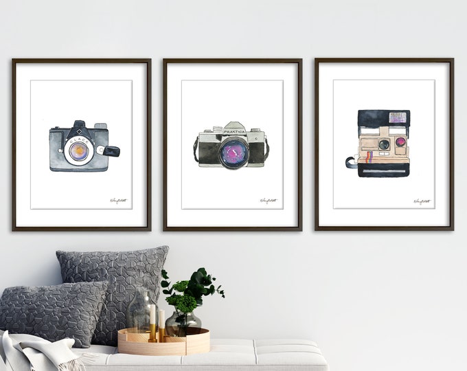 Set of 3 Vintage Camera Art Prints, Camera Watercolor Painting, Photographer Art, Photographer gift, Watercolor Camera, Camera Posters