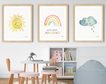 Set of 3 Sun Rainbow Cloud Printables, Rainbow Print, Girls Rainbow Wall Art, Sunshine printable, Nursery Watercolor, Let's Chase Rainbows