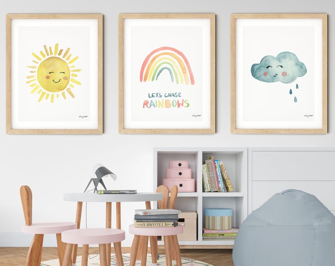 Set of 3 Sun Rainbow Cloud Printables, Rainbow Print, Girls Rainbow Wall Art, Sunshine printable, Nursery Watercolor, Let's Chase Rainbows
