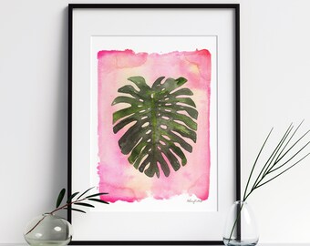 Pink Palm, Green Botanical Watercolor Painting, Tropical Plant Home Garden Wall Decor, Tropical decor, Summer Home Decor, Palm Trees